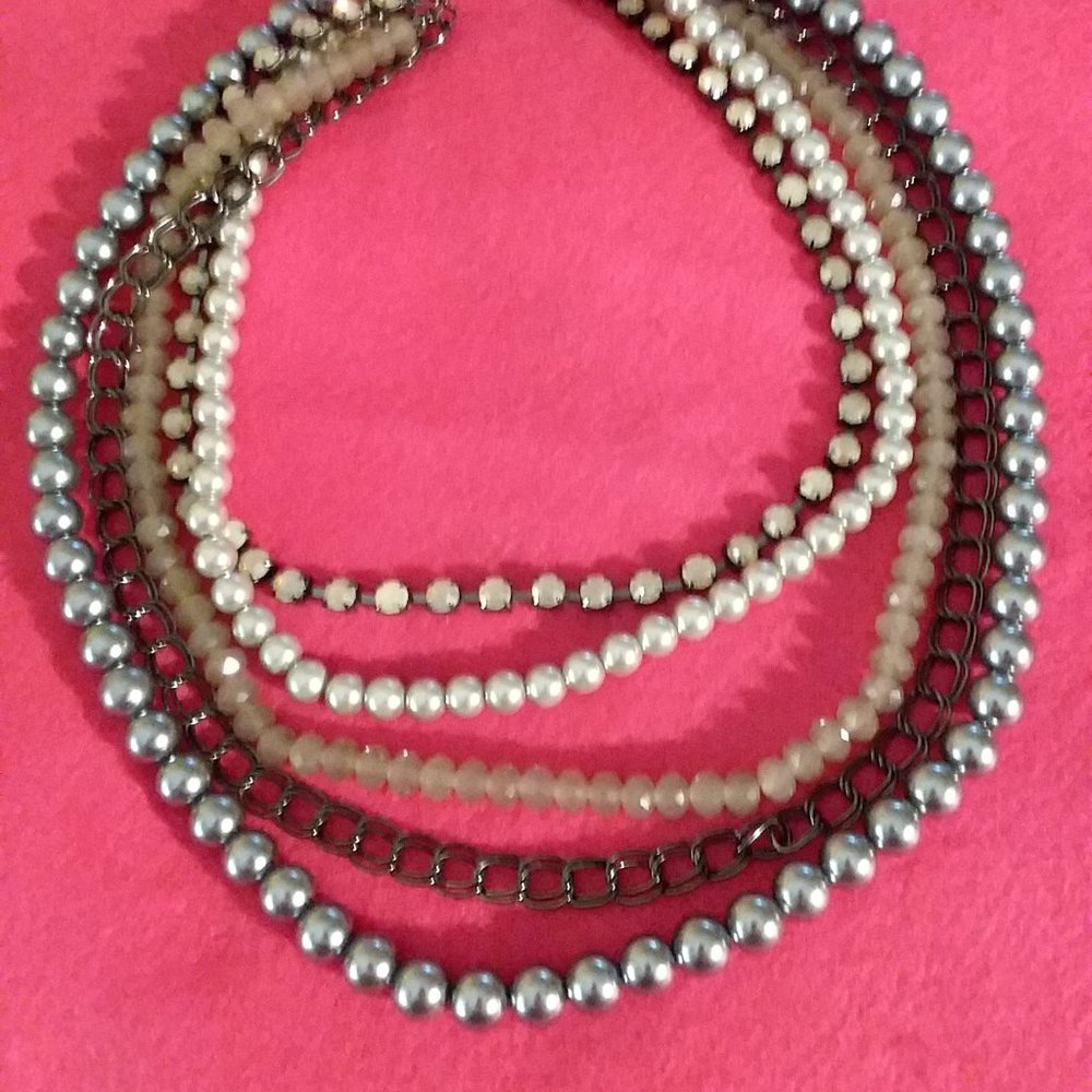 Pearl and Metal Elements Necklace  5 Strands